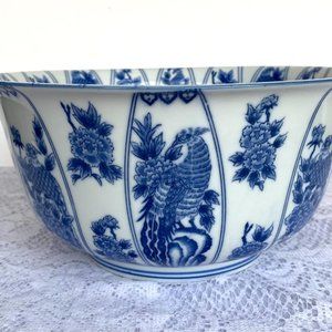 SADEK Kozan Gama Japan Centerpiece Bowl - Blue Flowers & Birds, Blue Trim